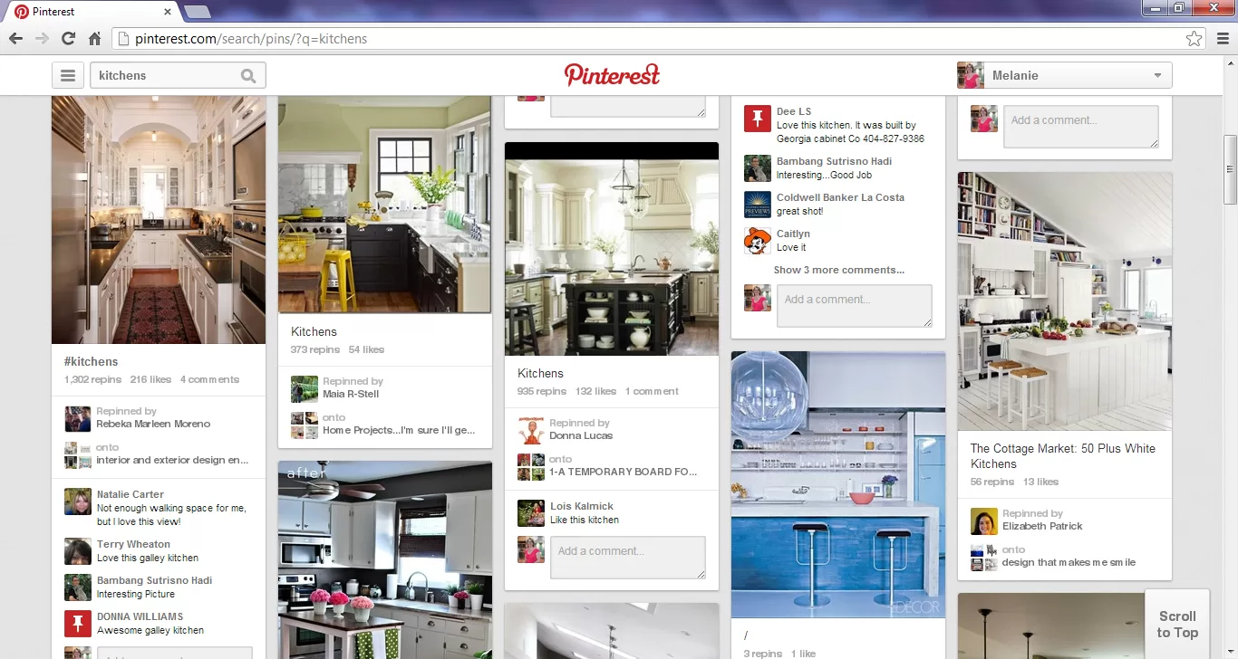 This is how your basic feed is displayed. Here, I've done a general search on "kitchens"