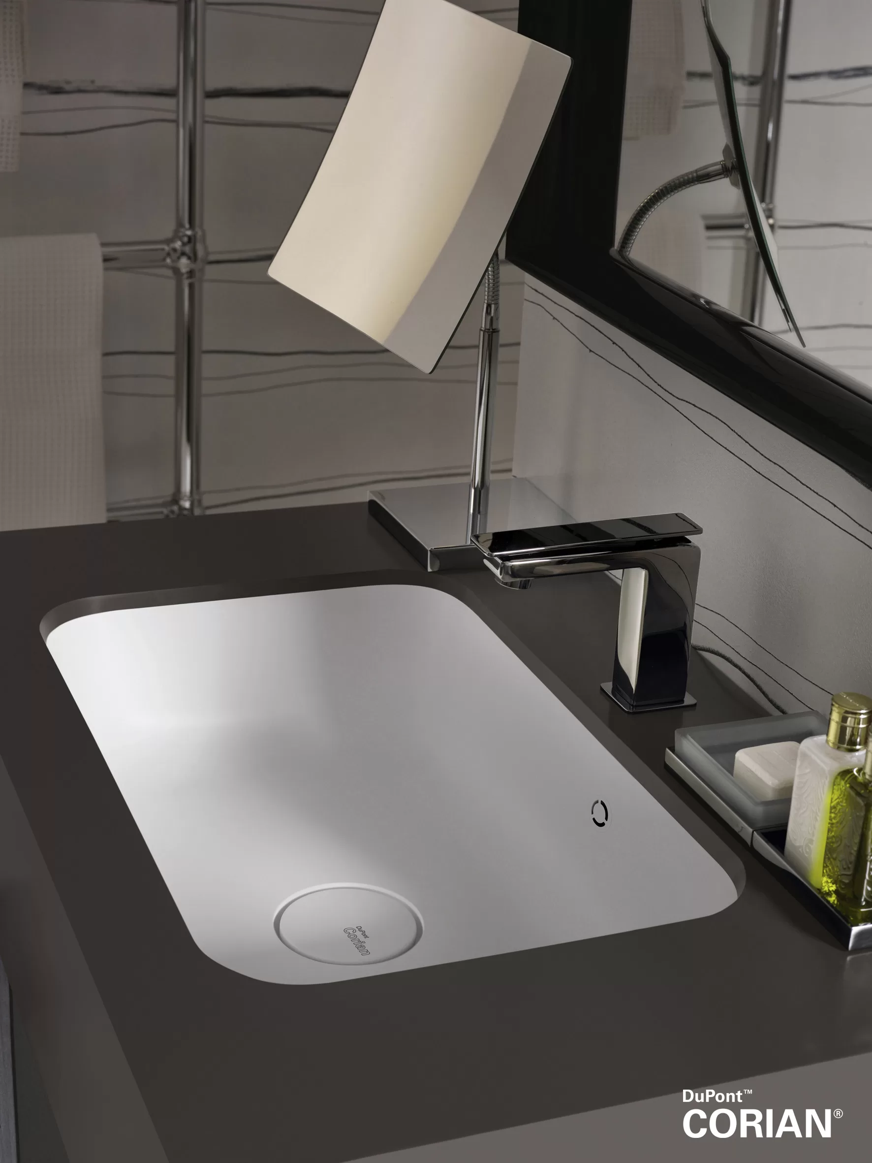 “Urban Affluent” bathroom: Playone 85 deck-mounted wash basin tap, Black Coffee finish.