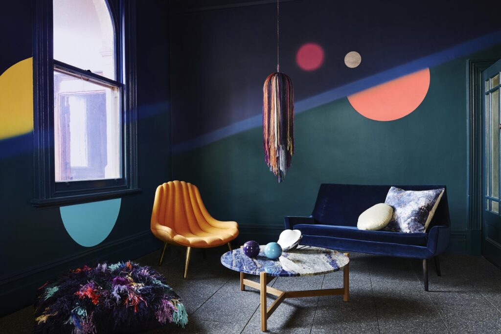 Bree Leech & Heather Nette King for Dulux Colour Trends 2016 – Infinite Worlds palette. Photographer: Lisa Cohen Featuring Pile High Club Floor Cushion by Elise Cakebread.