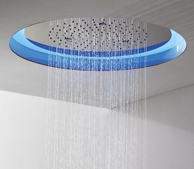 Graff Aqua Sense ceiling mounted showerhead in stainless steel with rain and chromotherapy functions. Supplied with remote control. Dimensions: 500 cm diameter.